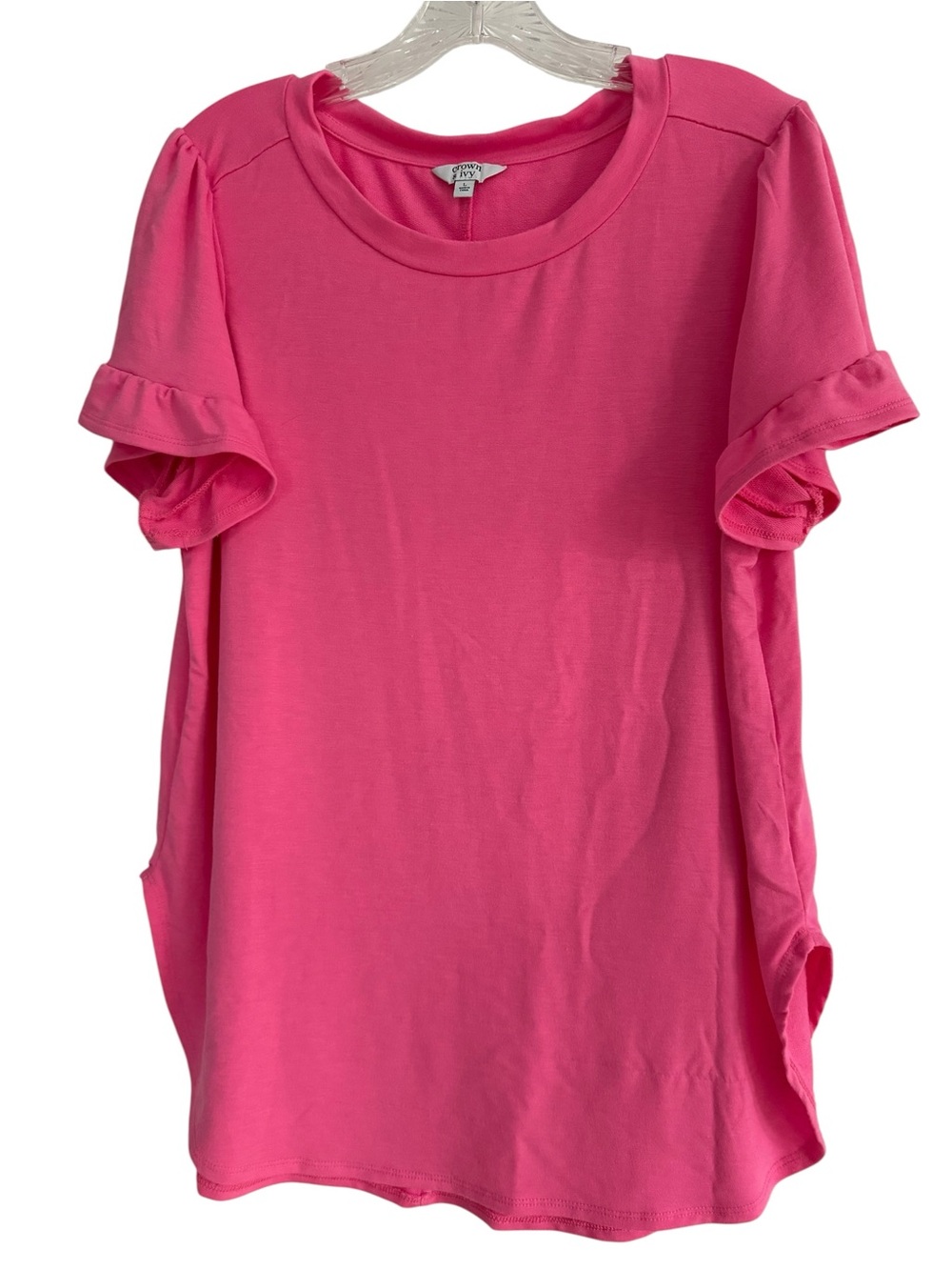 crown & ivy Bright Pink  Tee flutter sleeves with ruffles  rounded bottom L